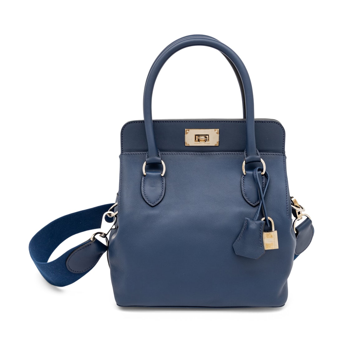 Hermès, Toolbox 20 Bag in Bleu Saphir Swift: Hermès, Toolbox 20 Bag in Bleu Saphir Swift Toolbox 20 bag in Bleu Saphir Swift leather with palladium-plated hardware. Turn-lock closure, rolled handles, and removable flat woven strap. Label: Herm�