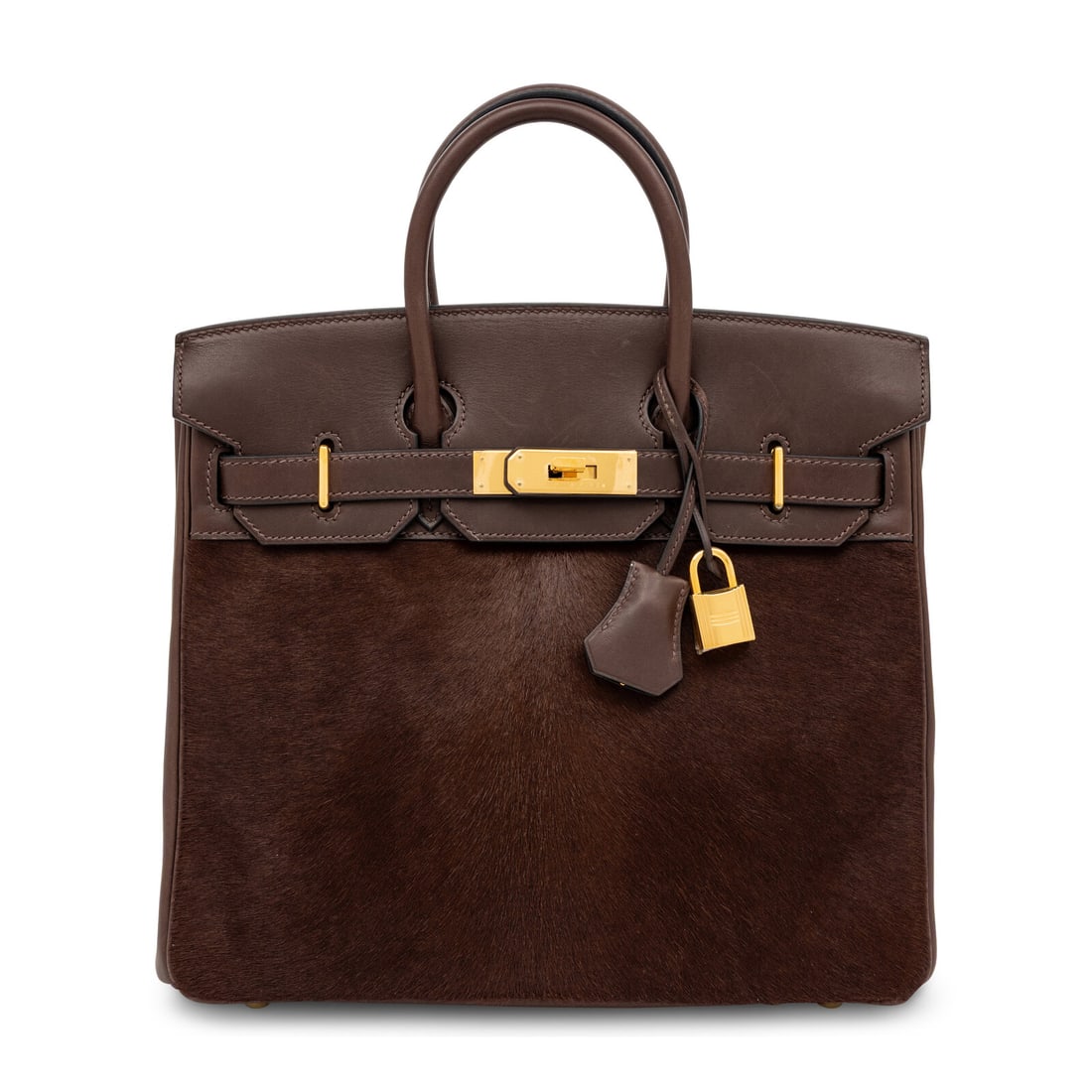 Hermès, Limited Edition HAC Birkin 28 in Pony Hair & Box Leather: Hermès, Limited Edition HAC Birkin 28 in Pony Hair & Box Leather Limited Edition HAC Birkin 28 bag in Ebene Evercalf leather and Pony Hair Troika with gold-plated hardware. Label: Hermès Stamp: K in