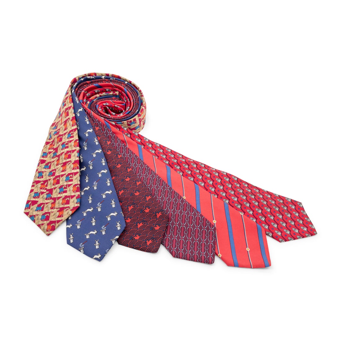 Hermès, Six Printed Silk Neckties: Hermès, Six Printed Silk Neckties Group of six neckties in printed silk twill. Label: Hermès Date: Late 20th - Early 21st Century Country of Origin: France This lot is located in Chicago.