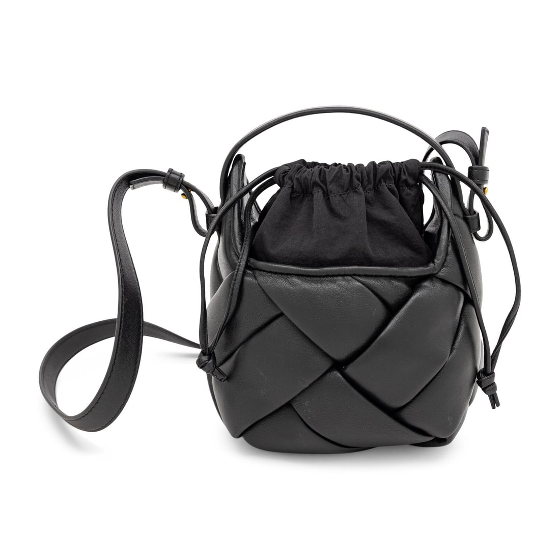 Bottega Veneta, Small Helmut Bag in Padded Woven Leather: Bottega Veneta, Small Helmut Bag in Padded Woven Leather Small Helmet bag in black padded woven lambskin leather with gold-tone hardware and a black nylon taffeta interior. Drawstring closure, flat le