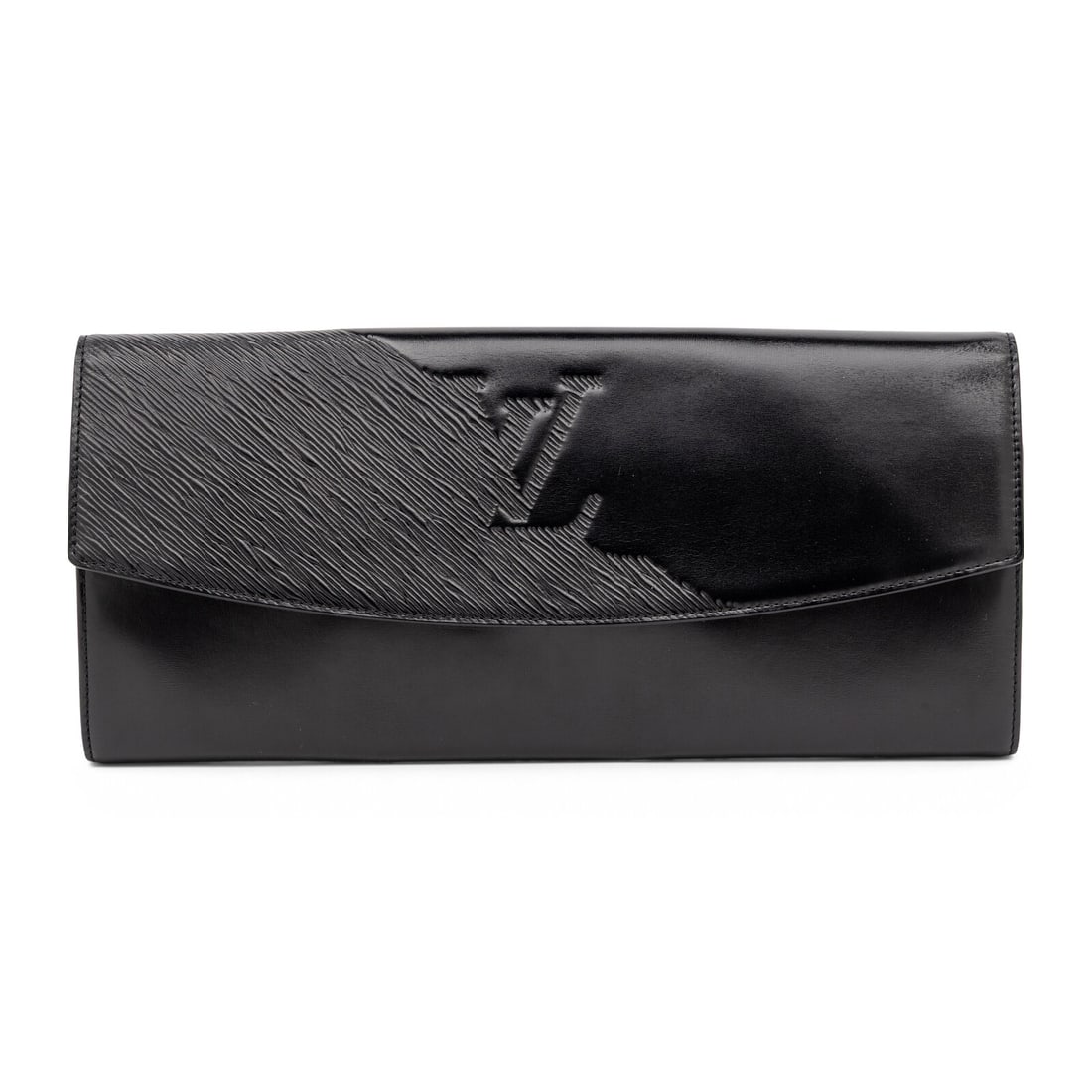 Louis Vuitton, Opera Egee Clutch in Black Epi: Louis Vuitton, Opera Egee Clutch in Black Epi Opera Egee clutch in black smooth and Epi leather with an LV embossed logo at flap. Snap closure and flat leather handle at back. Label: Louis Vuitton Sty