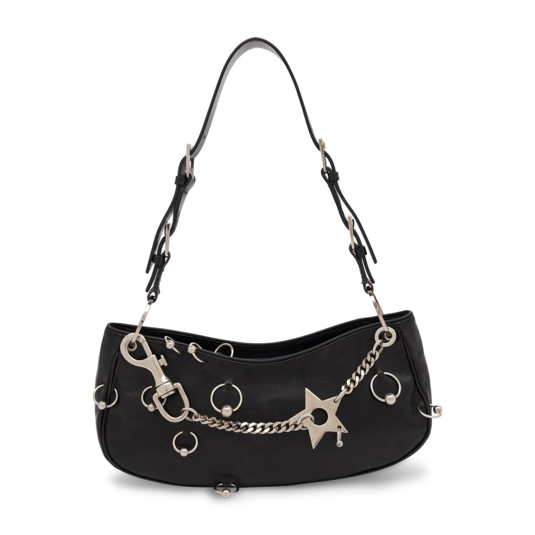 Christian Dior, Pierced Hardcore Bag: Christian Dior, Pierced Hardcore Bag Hardcore bag in shiny black aged leather with all-over silver-tone metal piercings and hardware. Zipper closure and adjustable flat leather strap. Label: Christian