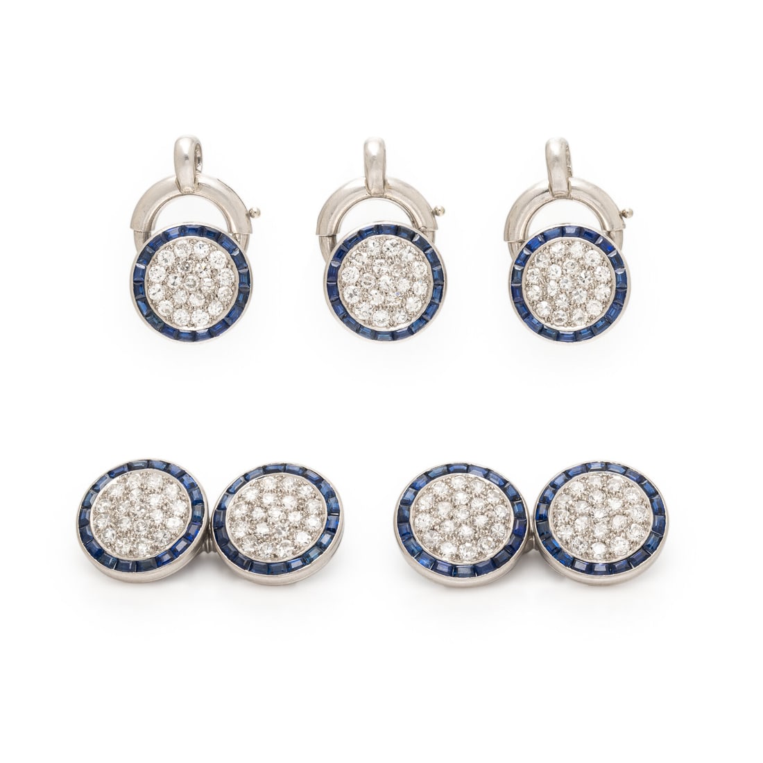 Diamond, Sapphire, and Platinum Dress Set: Diamond, Sapphire, and Platinum Dress Set Including a pair of cufflinks and a set of four shirt studs, each pavÈ-set with old European and single cut diamonds weighing approximately 1.90 carats t