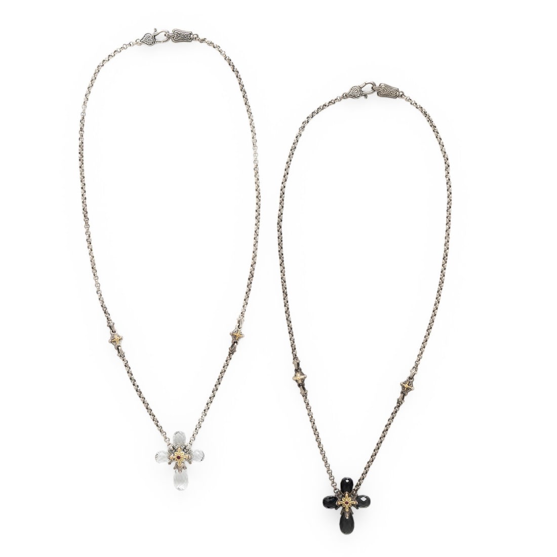 Konstantino, Two Sterling Silver and Crystal 'Pythia' Cross Pendant Necklaces: Konstantino, Two Sterling Silver and Crystal 'Pythia' Cross Pendant Necklaces Including two necklaces, one set with faceted black crystal and a round synthetic ruby, and one set with faceted colorless