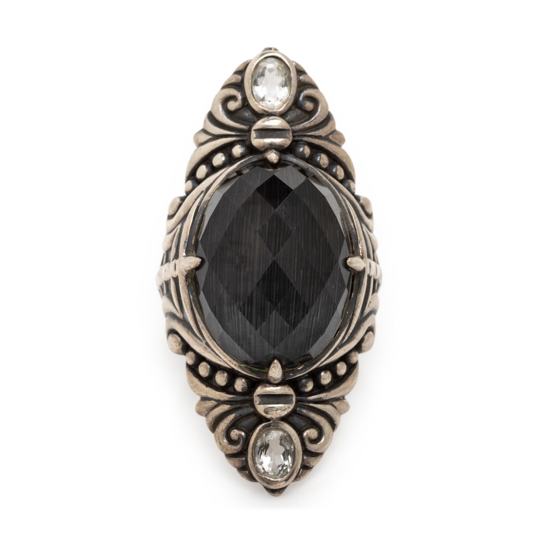 Steven Webster, Crystal and Sterling Silver Ring: Steven Webster, Crystal and Sterling Silver Ring Faceted cabochon rock crystal doublet measuring approximately 20.00 x 14.95 mm, and oval colorless crystals. Sterling silver. Ring size 6. Stamp: (Stev