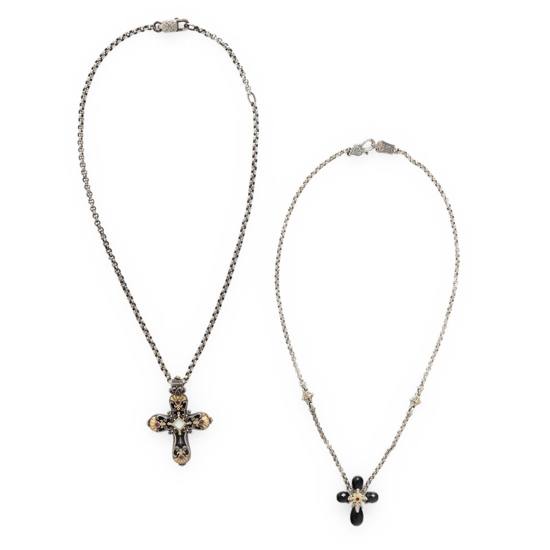 Kostantino, Two Sterling Silver and Mulitgem Cross Pendant Necklaces: Kostantino, Two Sterling Silver and Mulitgem Cross Pendant Necklaces One set with round pink tourmaline and sugarloaf cabochon mother-of-pearl, and the other set with briolette cut onyx and a round sy