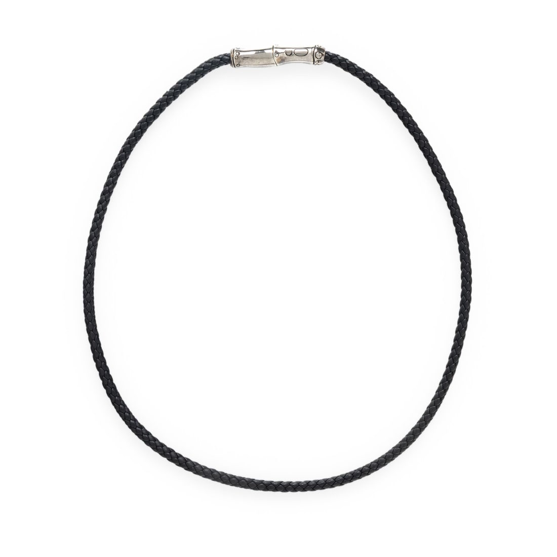 John Hardy, Leather and Sterling Silver Necklace: John Hardy, Leather and Sterling Silver Necklace Sterling silver and black leather cord, with a magnetic clasp. 20 1/2 inches long. Stamp: 925 (John Hardy maker's mark). Gross weight: 9.45 dwt. Proper