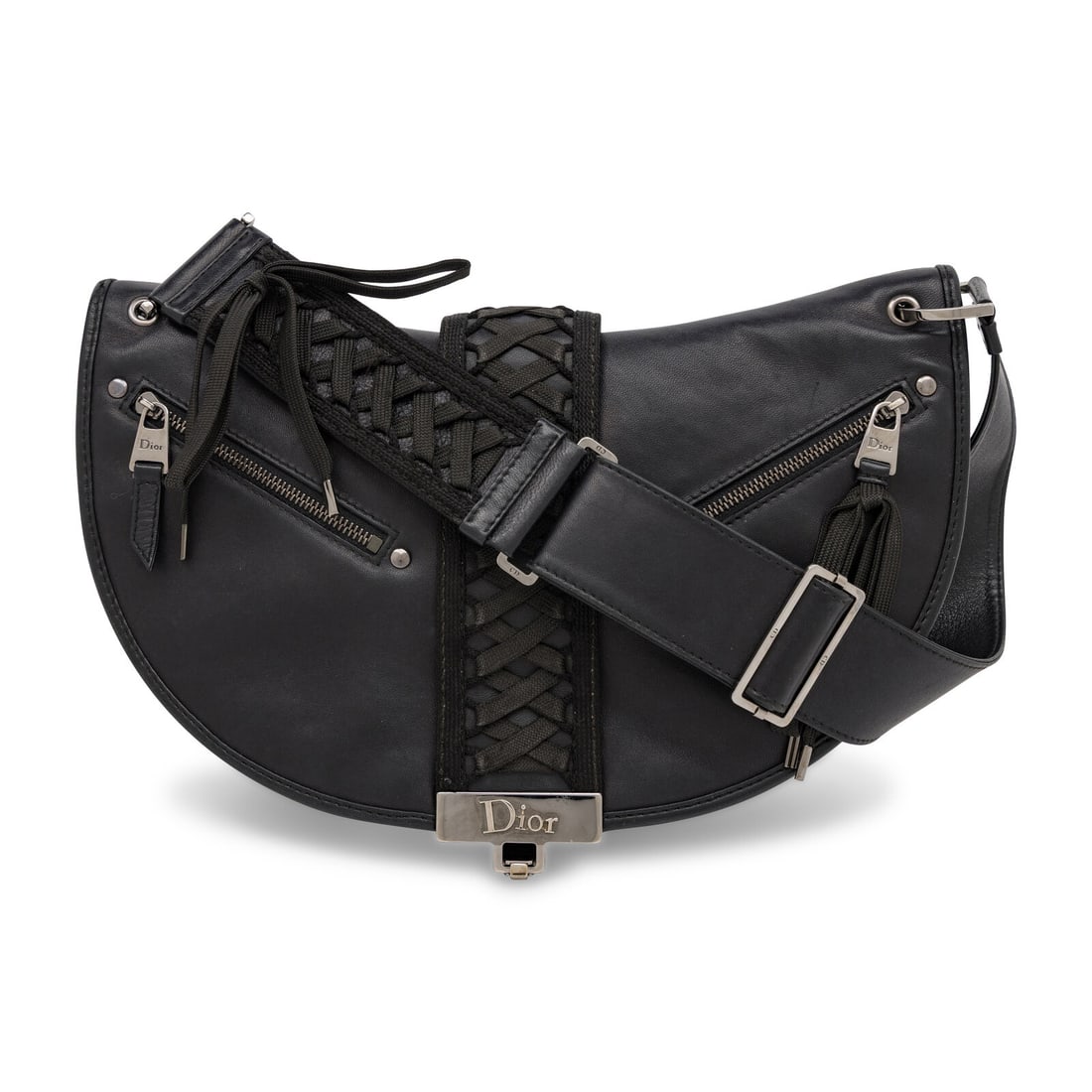 Christian Dior, Admit It Corset Bag: Christian Dior, Admit It Corset Bag Admit It Corset bag in smooth black leather with black laced details and silver-tone hardware. Clasp and magnetic snap closures and flat leather strap with laced de