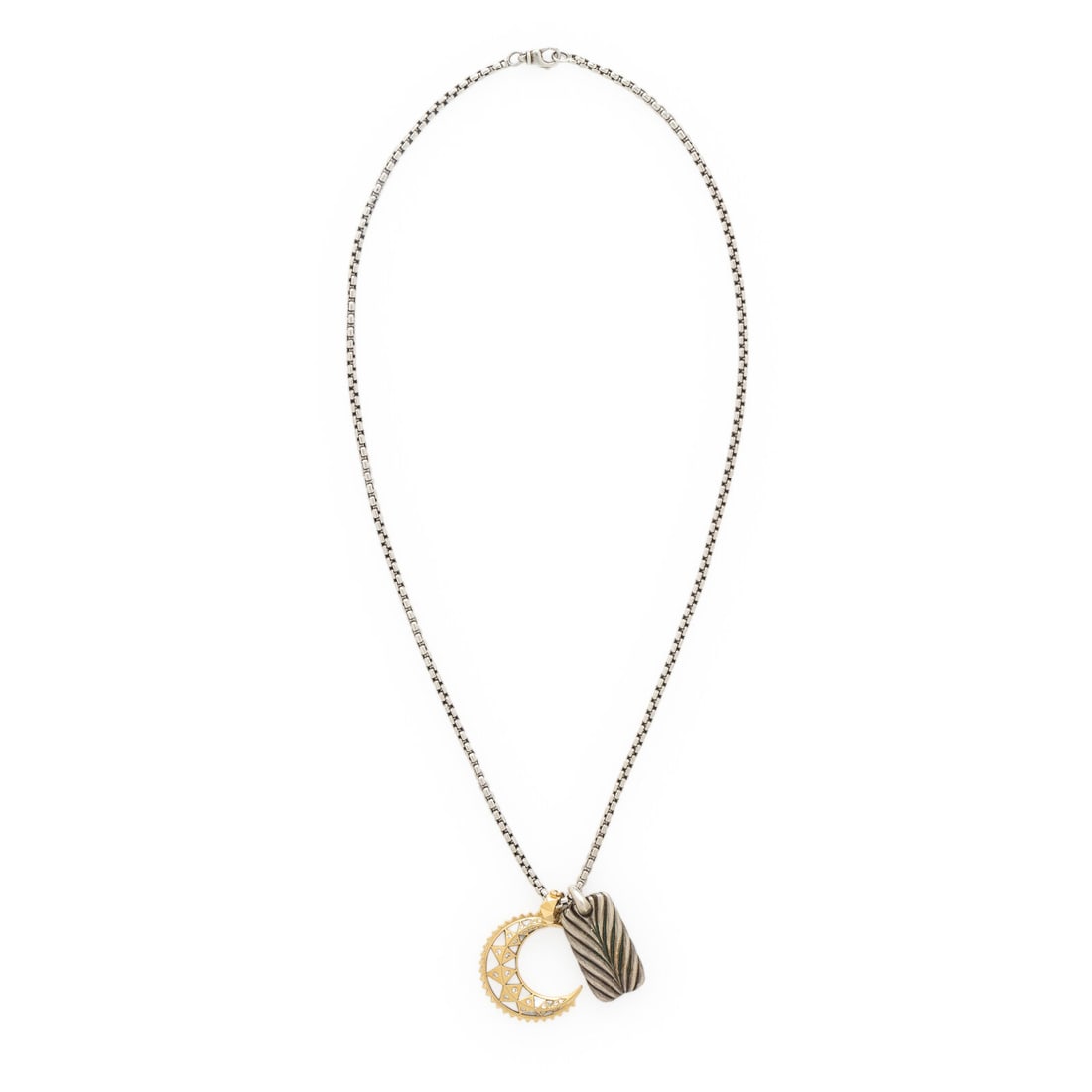 David Yurman, Sterling Silver 'Chevron Tag' Necklace with a Harwell Godfrey Diamond and Yellow Gold: David Yurman, Sterling Silver 'Chevron Tag' Necklace with a Harwell Godfrey Diamond and Yellow Gold Moon Pendant Including a tag pendant and a moon pendant set with mother-of-pearl and round brilliant