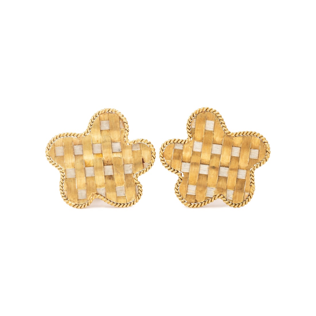 Bicolor Gold Woven Cufflinks: Bicolor Gold Woven Cufflinks 18 karat yellow and white gold. 1 1/4 inches wide. Stamp: 18K. Gross weight: 13.75 dwt. This lot is located in Chicago.