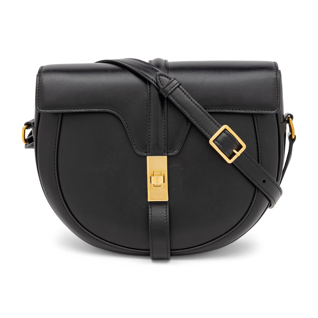 Celine, Medium Black Besace 16 Bag: Celine, Medium Black Besace 16 Bag Medium Besace 16 bag in black leather with gold-tone hardware. Turn-lock closure and adjustable flat leather strap. Label: Celine Style/Serial No.: Unmarked Date: 20