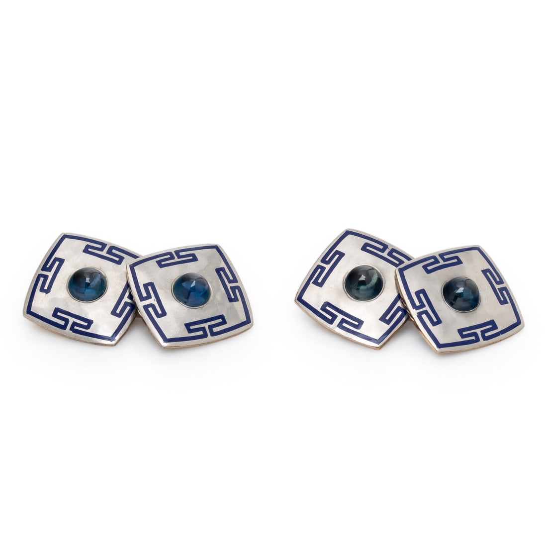 Art Deco, Sapphire and Enamel Cufflinks: Art Deco, Sapphire and Enamel Cufflinks Round cabochon cut sapphires, with blue and silver colored enamel. 14 karat yellow gold. 1/2 inch wide. Stamp: 14. Gross weight: 6.70 dwt. Property of a Chicago