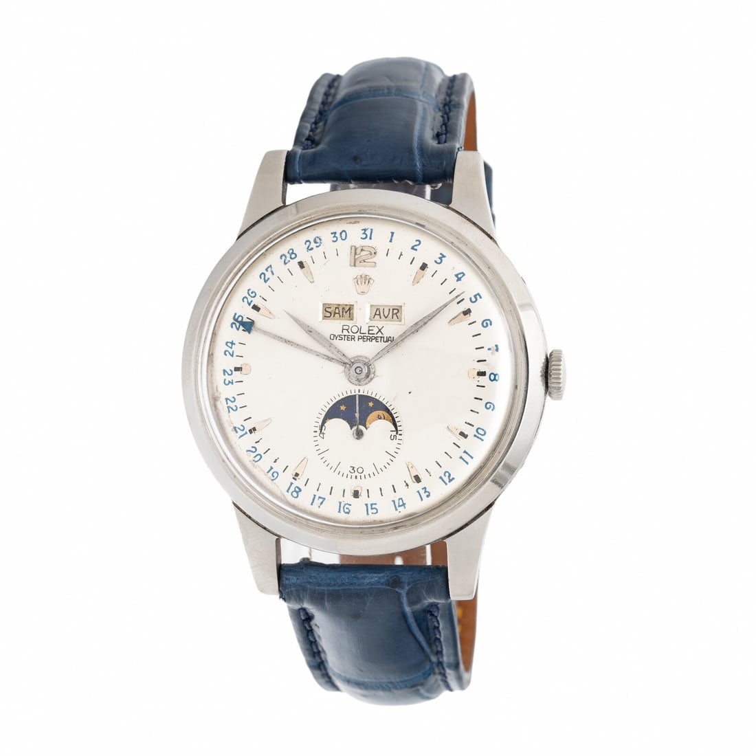 Rolex, Ref. 8171, Stainless Steel 'Padellone' Triple Calendar Moonphase Watch, Circa 1949, with Box: Rolex, Ref. 8171, Stainless Steel 'Padellone' Triple Calendar Moonphase Watch, Circa 1949, with Box Maker: Rolex Model: Padellone Reference number: 8171 Serial number: 686196 Year: Circa 1949 Case siz