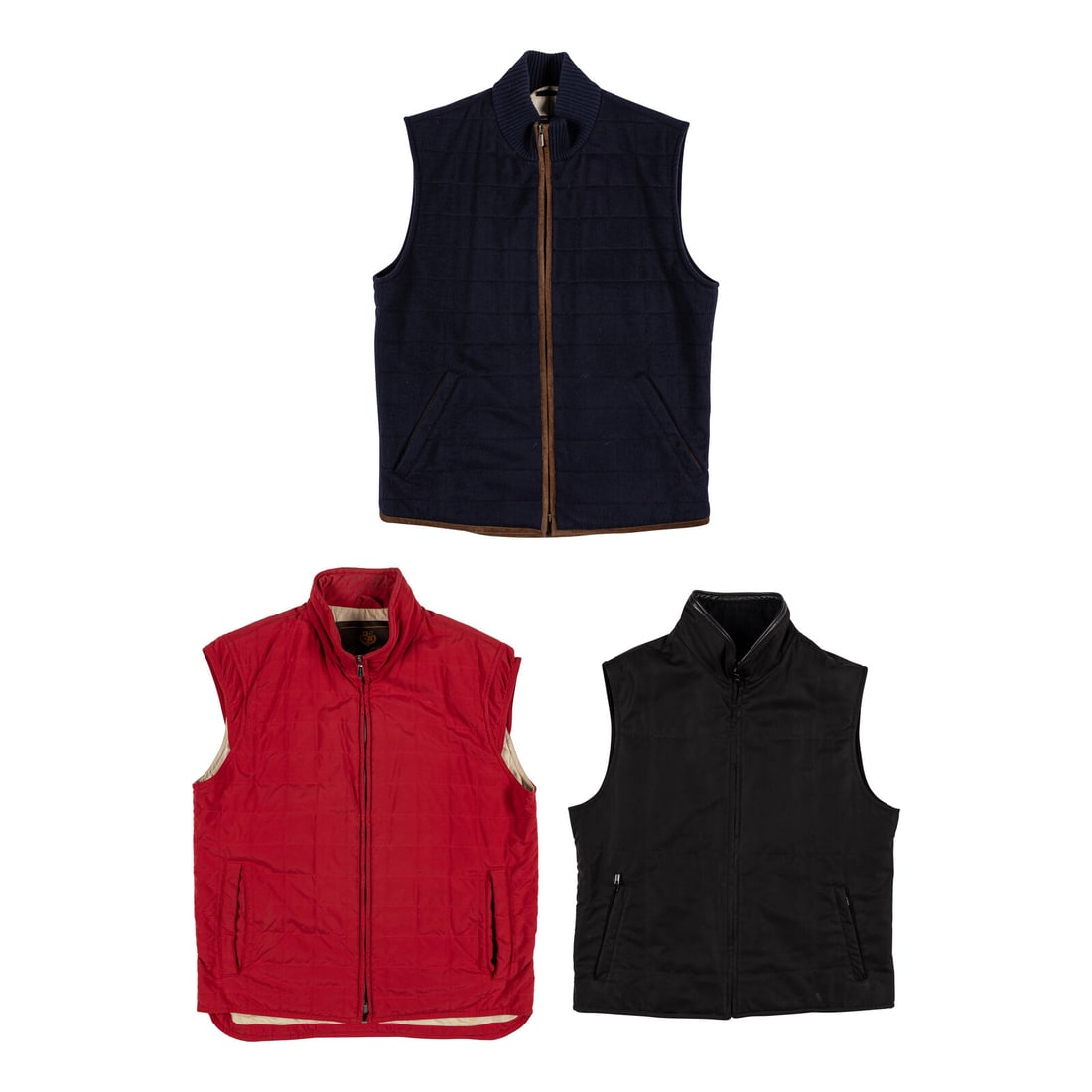 Loro Piana & Ermenegildo Zegna, Three Vests: Loro Piana & Ermenegildo Zegna, Three Vests THE FIRST Quilted vest in navy brushed cashmere with brown trim. Ribbed knit stand collar. Two welt pockets at exterior; one interior breast pocket. Double-