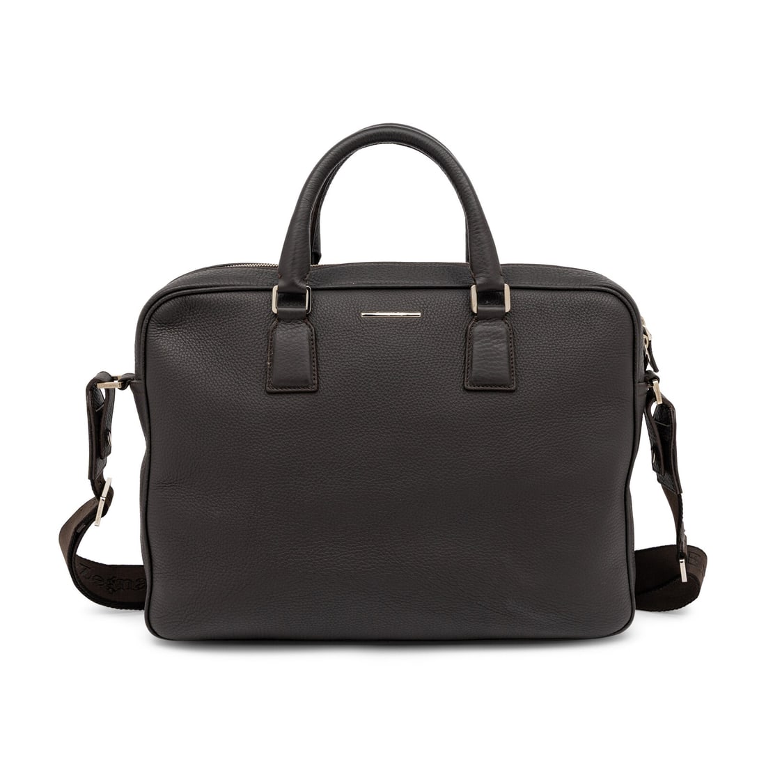 Ermenegildo Zegna, Leather Messenger Bag: Ermenegildo Zegna, Leather Messenger Bag Laptop/messenger bag in deep brown grained leather with silver-tone hardware. Double zipper closure, rolled leather handles and adjustable woven jacquard shoul