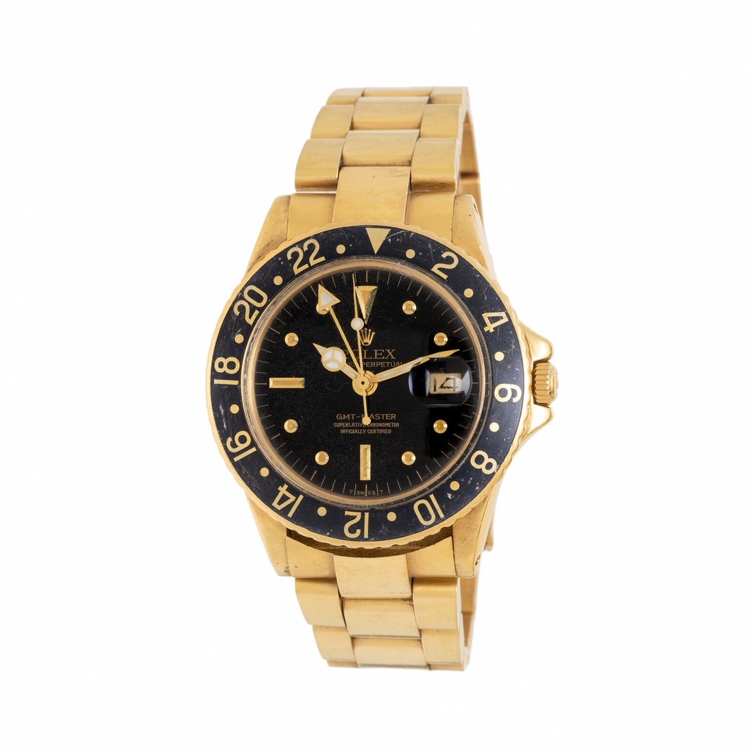 Rolex, Ref. 1675, 18K Yellow Gold 'GMT Master' Watch with 'Gilt' Dial: Rolex, Ref. 1675, 18K Yellow Gold 'GMT Master' Watch with 'Gilt' Dial Maker: Rolex Model: GMT Master Reference number: 1675 Serial number: 2274758 Year: Circa 1970 Case size: Approx. 40 mm Case materi