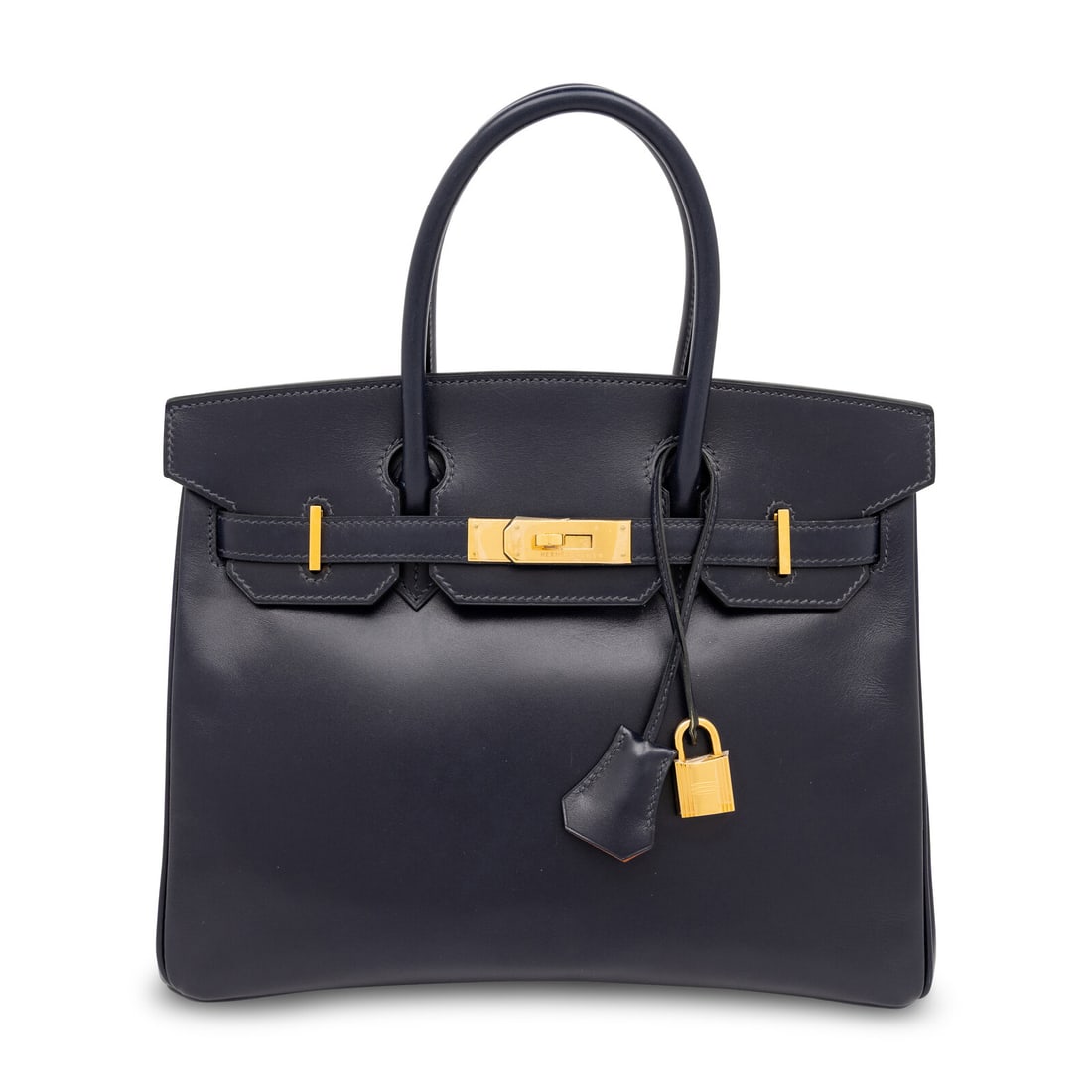 Hermès, Verso Birkin 30 in Bleu Nuit Box Leather & Orange Chevre: Hermès, Verso Birkin 30 in Bleu Nuit Box Leather & Orange Chevre Verso Birkin 30 bag in Blue Nuit Box leather and a Orange Chevre leather interior with gold-plated hardware. Label: Hermès Code: K in