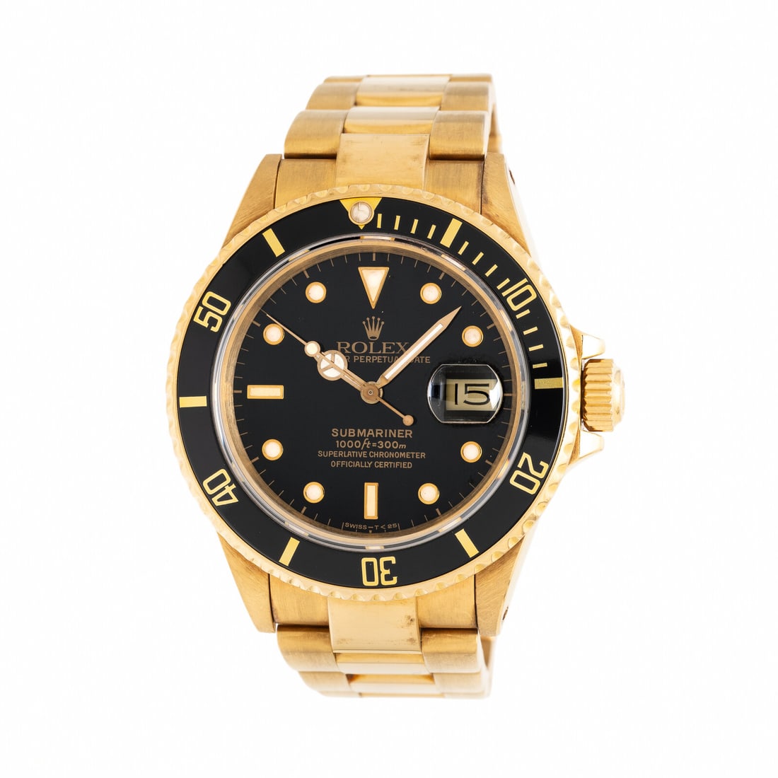 Rolex, Ref. 16808, 18K Yellow Gold 'Submariner' Watch, with Box & Papers: Rolex, Ref. 16808, 18K Yellow Gold 'Submariner' Watch, with Box & Papers Maker: Rolex Model: Submariner Reference number: 16808 Serial number: R387321 Year: Circa 1988 Case size: Approx. 40 mm Case ma