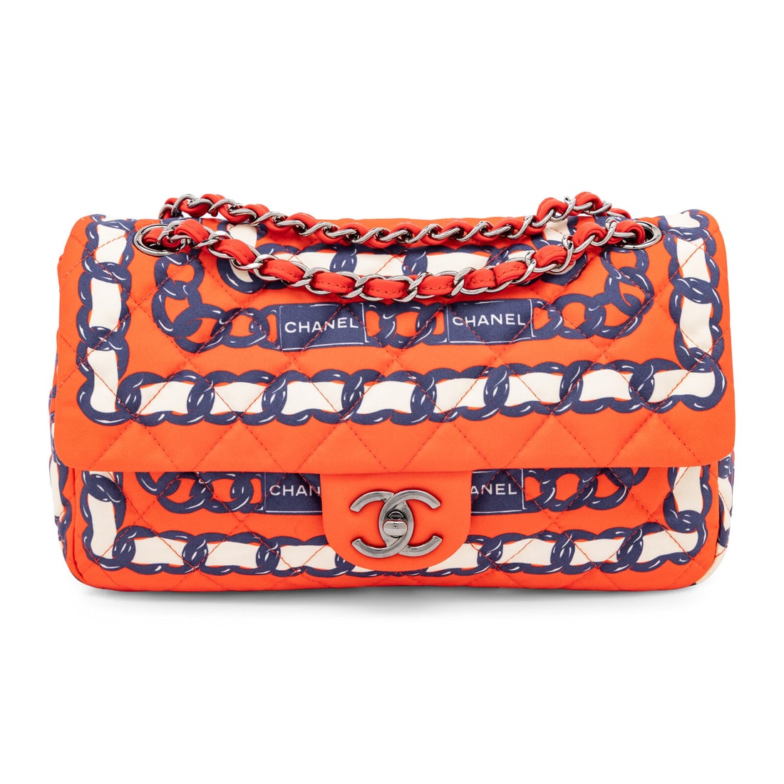 Chanel, Printed Silk Medium Classic Flap Bag: Chanel, Printed Silk Medium Classic Flap Bag Medium Classic Flap shoulder bag in quilted red, white and blue chain-printed silk with silver-tone hardware. CC turn-lock closure and interwoven metal-lea