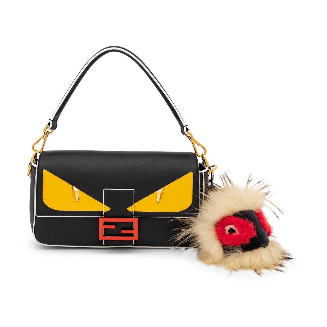 Fendi, Leather Monster Baguette & Fur Charm: Fendi, Leather Monster Baguette & Fur Charm Leather Monster Baguette bag in black & yellow leather with white trim and gold-tone and metallic red hardware. Magnetic snap closure and