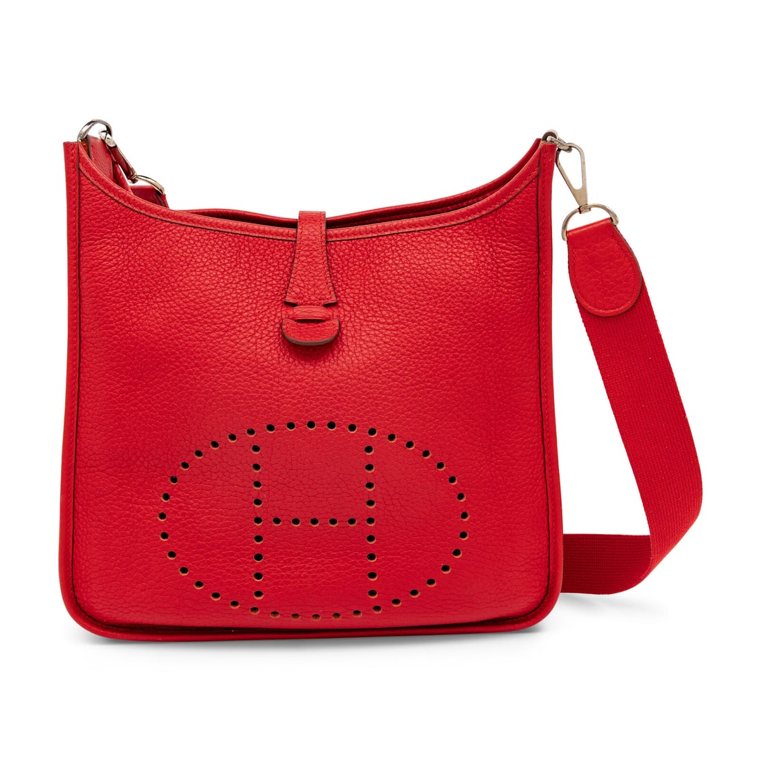 Hermès, Evelyne PM in Rouge Garance Clemence: Hermès, Evelyne PM in Rouge Garance Clemence Evelyne PM bag in Rouge Garance Clemence leather with palladium-plated hardware. Snap tab closure and woven strap. Label: Hermès Stamp: H in Square