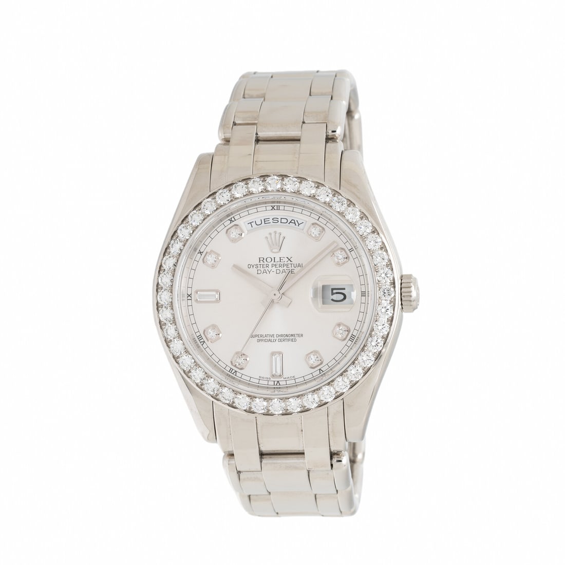 Rolex, Ref. 18946, Platinum 'Masterpiece' 'Day-Date' Watch with Factory Diamond Bezel and Factory: Rolex, Ref. 18946, Platinum 'Masterpiece' 'Day-Date' Watch with Factory Diamond Bezel and Factory Diamond Dial, with Box & Papers Maker: Rolex Model: Masterpiece Day-Date Reference number: 18946 Seria