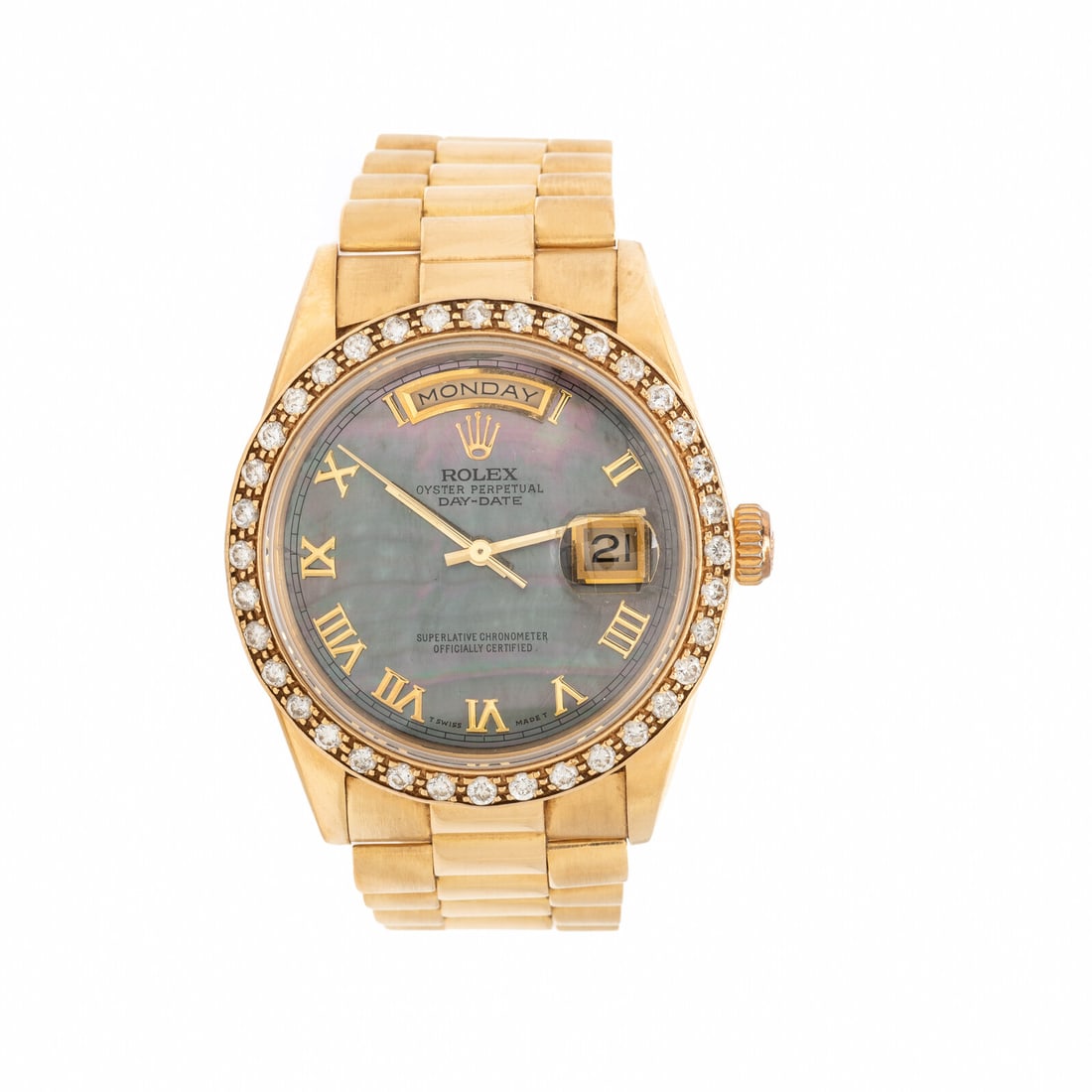 Rolex, Ref. 18238,18K Yellow Gold 'Day-Date' Watch with Mother-of-Pearl Dial: Rolex, Ref. 18238,18K Yellow Gold 'Day-Date' Watch with Mother-of-Pearl Dial Maker: Rolex Model: Day-Date Reference number: 18238 Serial number: S694201 Year: Circa 1993 Case size: Approx. 36 mm Case 