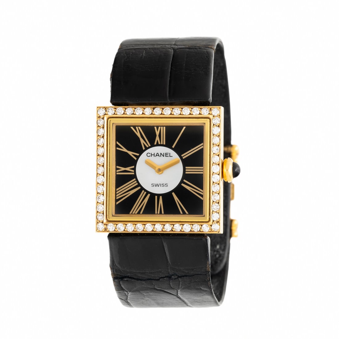 Chanel, 18K Yellow Gold and Diamond 'Mademoiselle' Watch, with Box: Chanel, 18K Yellow Gold and Diamond 'Mademoiselle' Watch, with Box Maker: Chanel Model: 'Mademoiselle' Serial number: M.E. 10263 Year: Circa 1990s Case size: Approx. 23 x 23 mm Case material: 18K