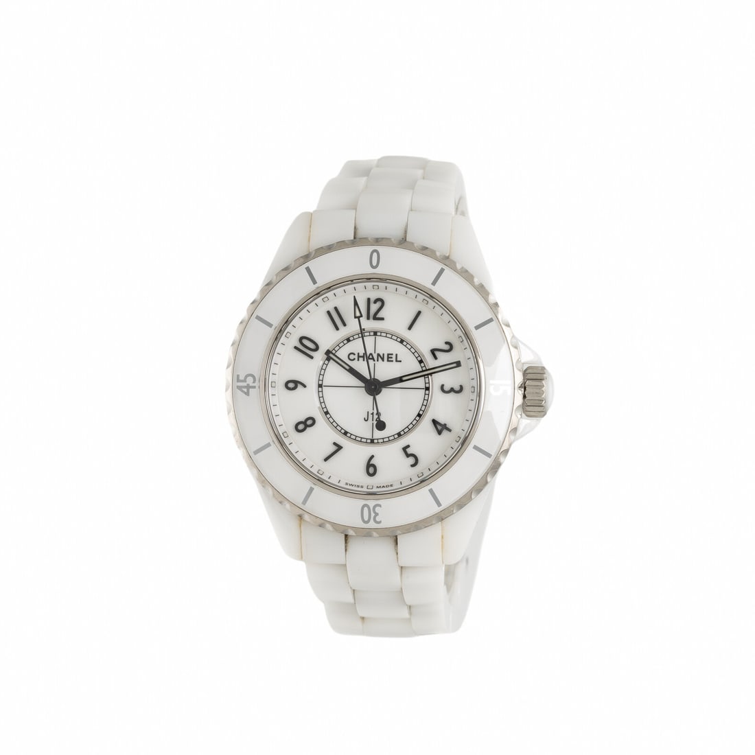 Chanel, White Ceramic 'J12' Watch, with Box: Chanel, White Ceramic 'J12' Watch, with Box Maker: Chanel Model: J12 Year: Circa 2010s Case size: Approx. 33 mm Case material: White ceramic and stainless steel Bezel: Unidirectional rotating, white D