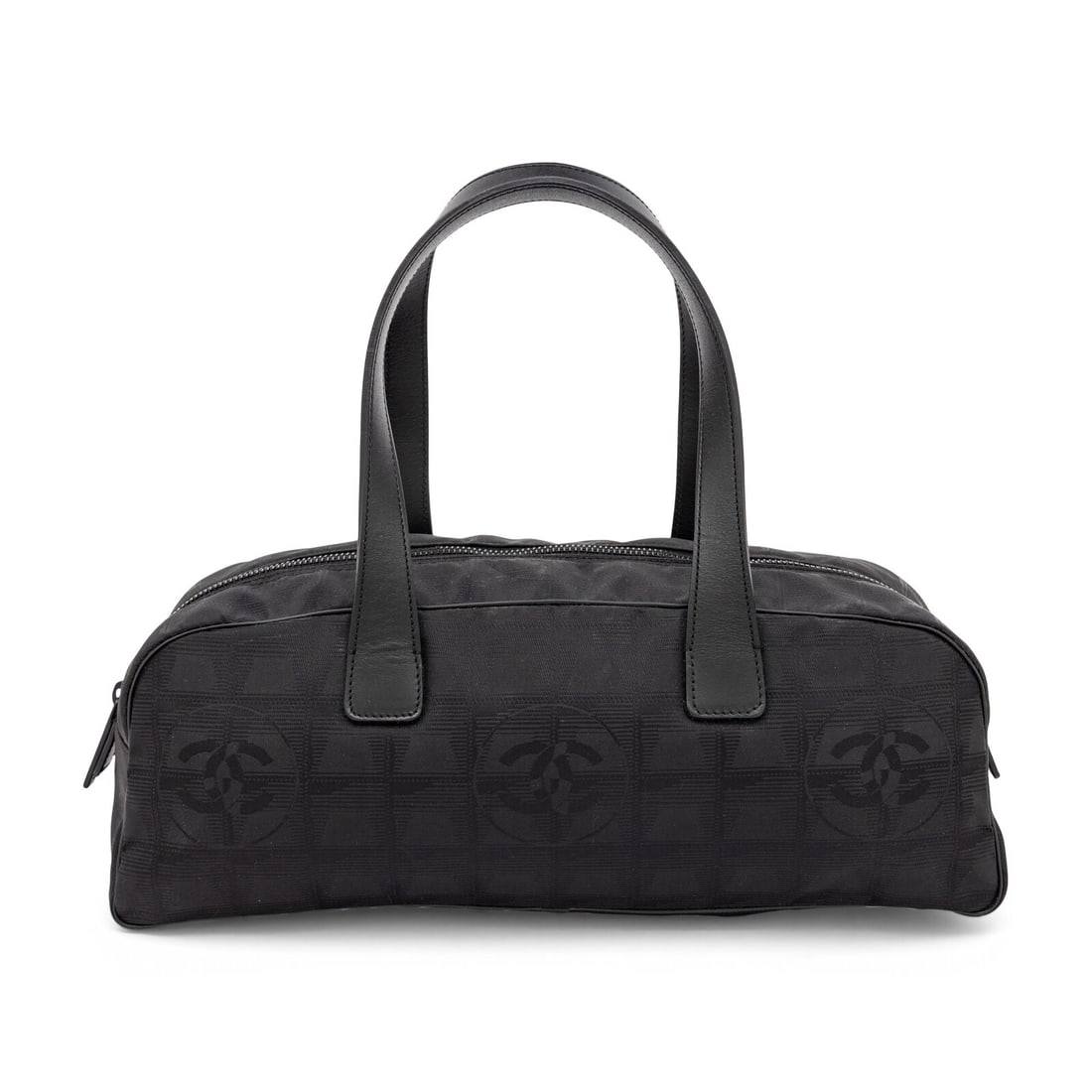 Chanel, Black Bowling Bag: Chanel, Black Bowling Bag Bowling bag in black CC jacquard with black leather trim. Zipper closure and flat leather handles. Label: Chanel Style/Serial No.: 6830744 Date: 2000-2002 Country of Origin: