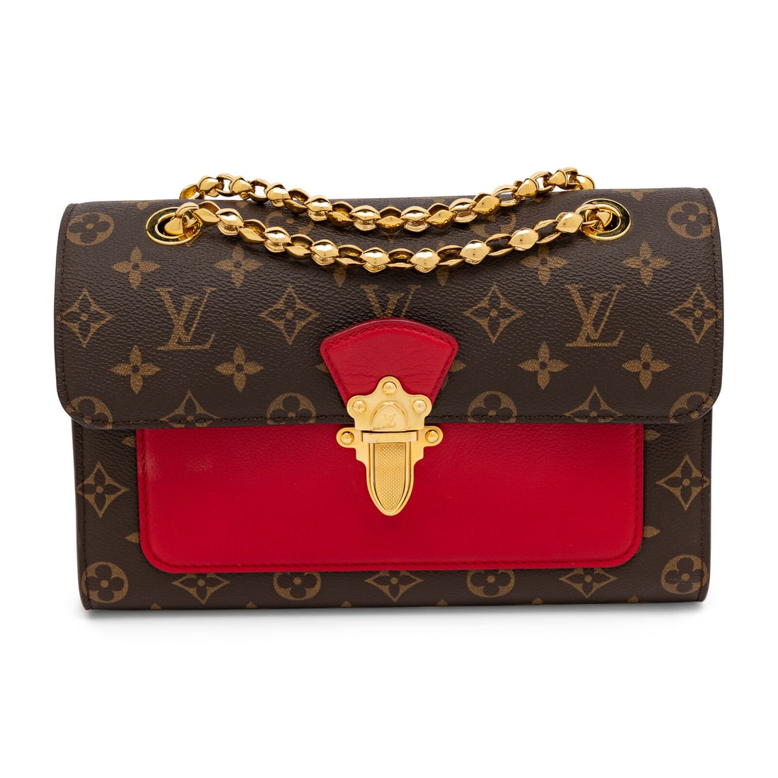Louis Vuitton, Victoire Bag in Monogram/Cherry: Louis Vuitton, Victoire Bag in Monogram/Cherry Victoire shoulder bag in monogram-print coated canvas and cherry red grained leather. Push-lock latch closure to flap and metal chain straps. Label: