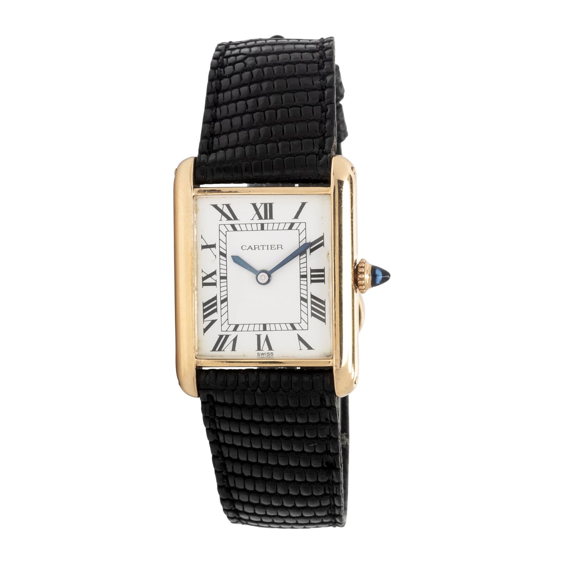 Cartier, 18K Yellow Gold 'Tank' Watch, with Box & Booklets: Cartier, 18K Yellow Gold 'Tank' Watch, with Box & Booklets Maker: Cartier Model: Tank Year: Circa 1980s Case size: Approx. 24 x 31 mm Case material: 18K yellow gold Dial: White Roman Movement: Manual 