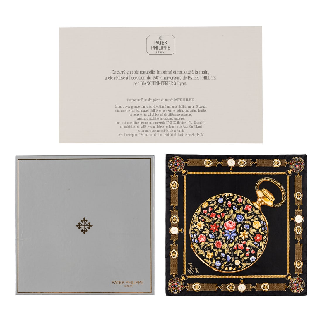 Patek Philippe, 150th Anniversary Printed Silk Scarf - With Box and Papers: Patek Philippe, 150th Anniversary Printed Silk Scarf - With Box and Papers Limited edition scarf in printed silk twill, produced for the 150th anniversary of Patek Phillipe in 1989. Features various d