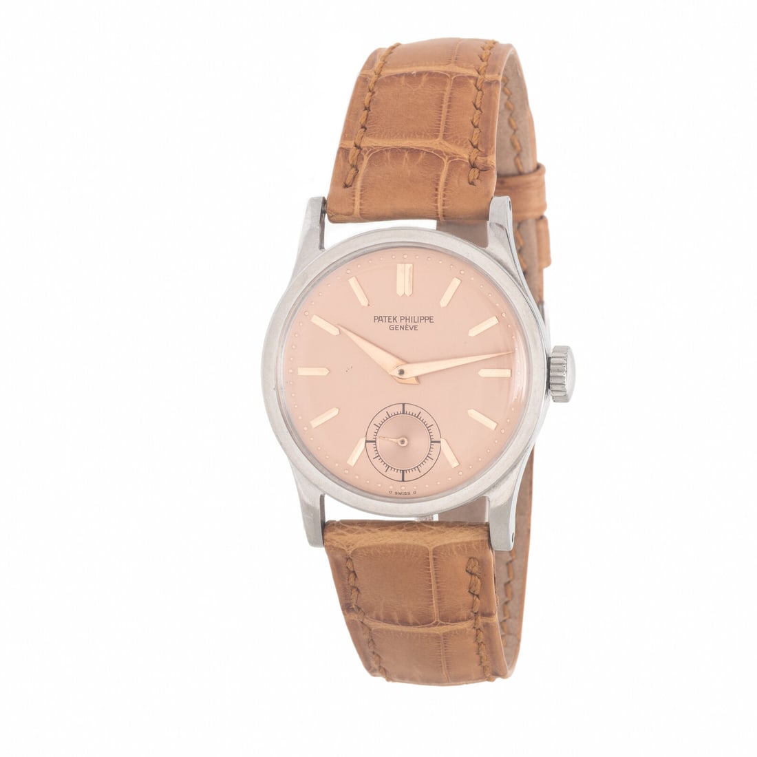 Patek Philippe, Ref. 96, Stainless Steel 'Calatrava' Watch with Salmon Dial, with Extract from the: Patek Philippe, Ref. 96, Stainless Steel 'Calatrava' Watch with Salmon Dial, with Extract from the Archives Maker: Patek Philippe Model: Calatrava Reference number: 96 Movement number: 963790 Year: Ci