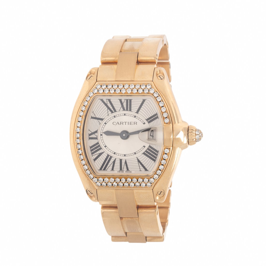 Cartier, Ref. 2676, 18K Yellow Gold 'Roadster' Date Watch with Diamond Bezel and Crown: Cartier, Ref. 2676, 18K Yellow Gold 'Roadster' Date Watch with Diamond Bezel and Crown Maker: Cartier Model: Roadster Reference number: 2676 Serial number: 126610NX Year: Circa 2000s Case size: Approx