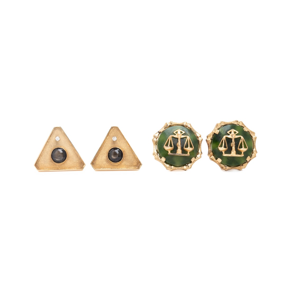 Two Pairs of Yellow Gold and Multigem Cufflinks: Two Pairs of Yellow Gold and Multigem Cufflinks One pair of cufflinks set with round jade plaques measuring approximately 21.00 x 21.00 mm with gold scale motifs atop, and one pair set with round cabo