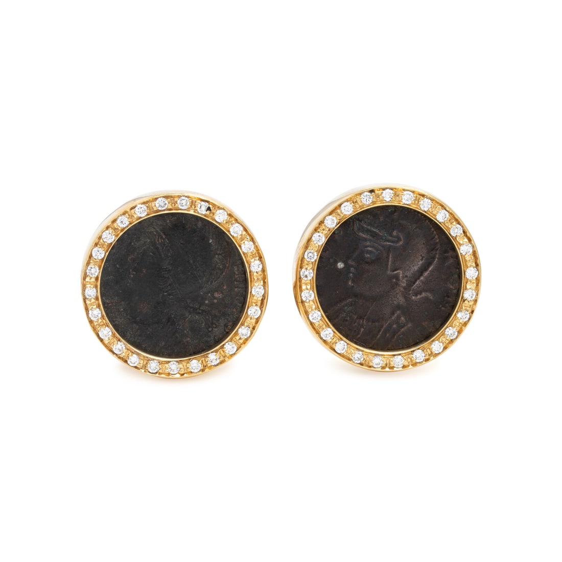 Yellow Gold, Diamond, and Coin Cufflinks: Yellow Gold, Diamond, and Coin Cufflinks Round brilliant cut diamonds weighing approximately 0.35 carat total. 18 karat yellow gold. 3/4 inch wide. Stamp: TH1 18K ITALY. Gross weight: 12.85 dwt. This 
