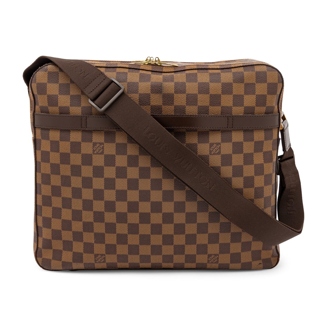Louis Vuitton, Dorsoduro Messenger Bag in Damier Ebene: Louis Vuitton, Dorsoduro Messenger Bag in Damier Ebene Dorsoduro Messenger bag in Damier Ebene coated canvas with gold-tone hardware and brown leather trim. Double-ended zipper closures and adjustable
