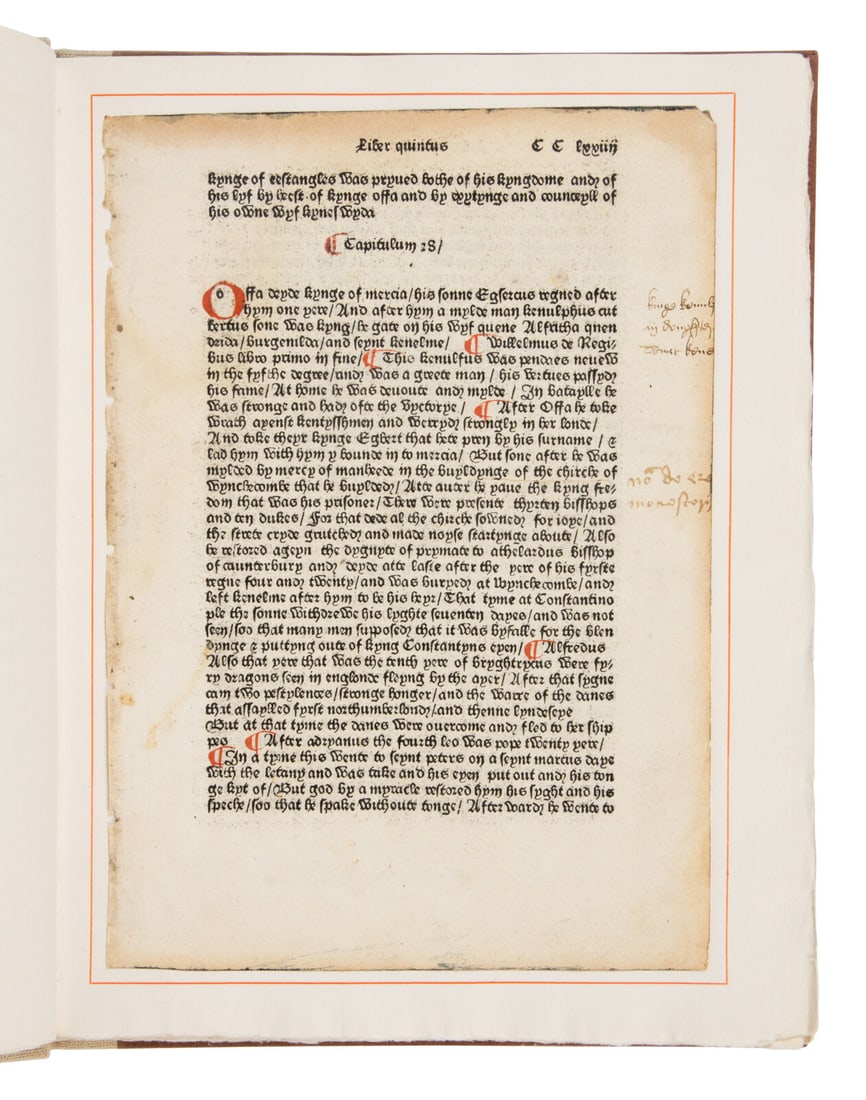 [Book Club of California]. Caxton, William (ca 1422-1491 or 1492). An Original Leaf from the: [Book Club of California]. Caxton, William (ca 1422-1491 or 1492). An Original Leaf from the Polycronicon Printed by William Caxton at Westminster in the Year 1482. San Francisco: The Grabhorn Press f