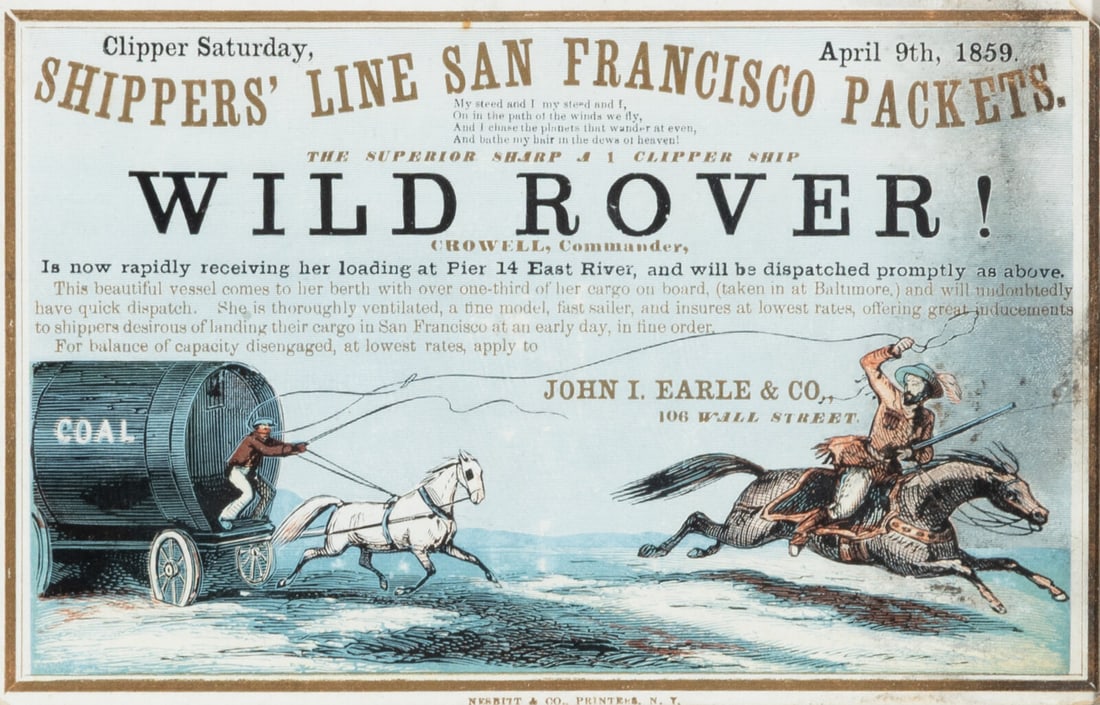 [Clipper Ship Sailing Card]. Wild Rover! New York: Nesbitt & Co., 1859. (1 of 2)