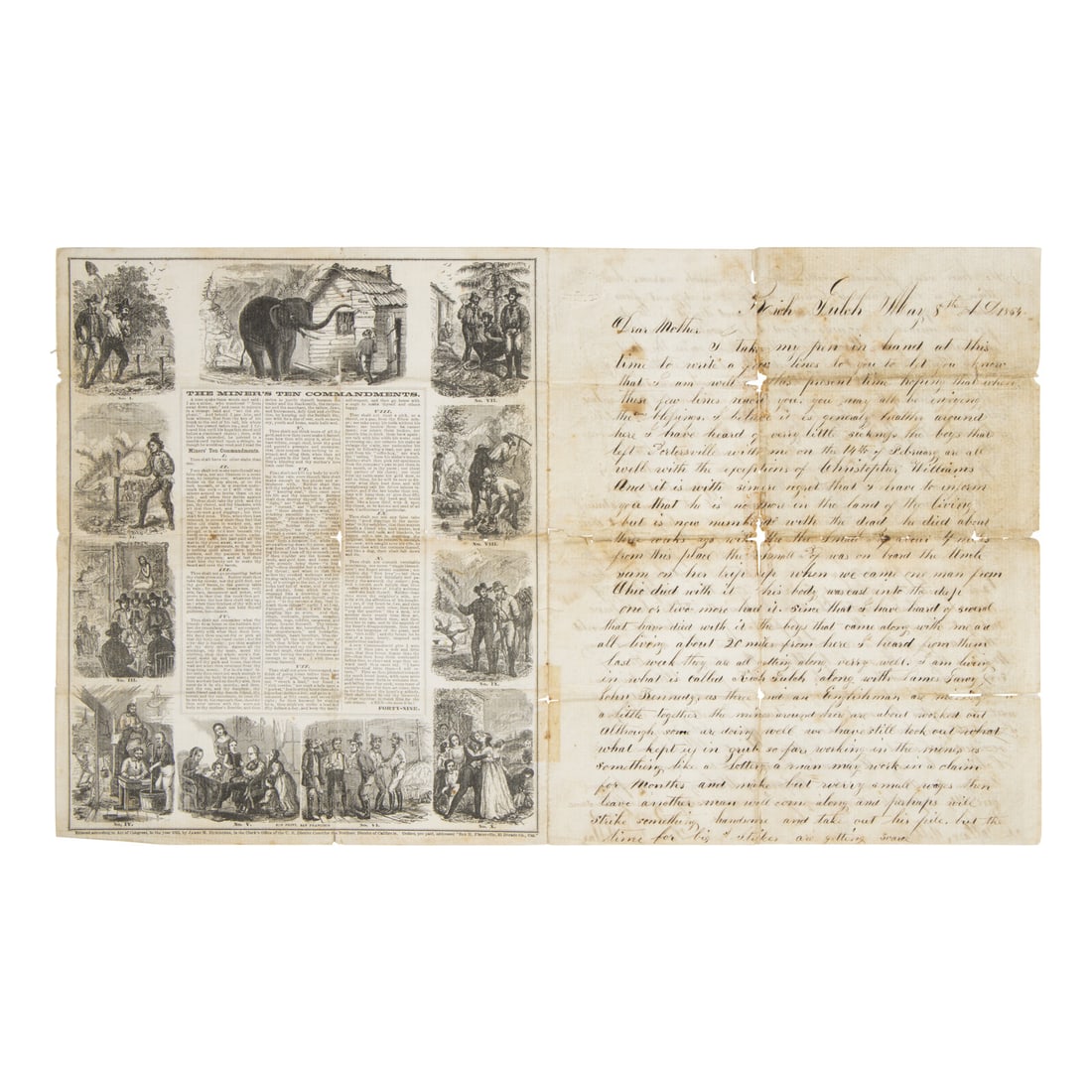 [Gold Mining]. The Miner's Ten Commandments bifolium lettersheet featuring a letter from a (1 of 2)