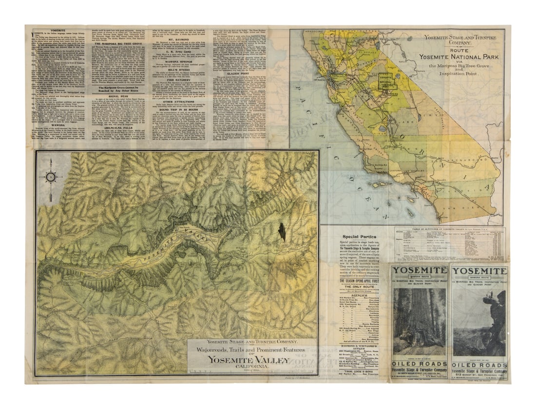 Henkenius, Julius Charles (1843-1909). Yosemite: Wawona route. Via Mariposa Big Trees, Inspiration: Henkenius, Julius Charles (1843-1909). Yosemite: Wawona route. Via Mariposa Big Trees, Inspiration Point and Glacier Point. San Francisco: Sunset Press for Yosemite Stage & Turnpike Co., n.d. [ca 1900