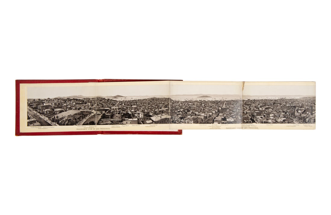 [Muybridge, Eadweard]. Views of San Francisco. San Francisco: A.L. Bancroft, 1880.: [Muybridge, Eadweard]. Views of San Francisco. San Francisco: A.L. Bancroft, 1880. Oblong 32mo. 16-panel illustrations bound in an accordion style. Original gilt-lettered and embossed red cloth. Inclu