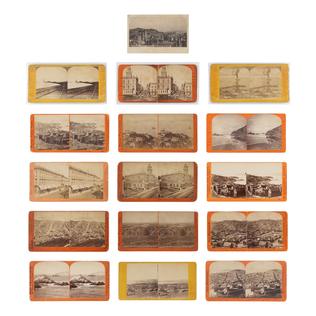 [San Francisco]. A group of 15 stereoviews.: [San Francisco]. A group of 15 stereoviews. Each, 178 x 89 mm. Stereoviews by various photographers including Thomas Houseworth & Co., J.J. Reilly, Isaiah West Taber, and Charles Leander Weed depictin