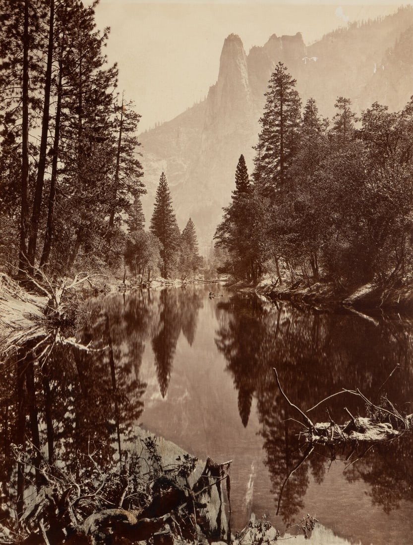 [Attributed to] Watkins, Carleton E. (1829-1916). Mirror View of Sentinel Rock. Ca 1872.: [Attributed to] Watkins, Carleton E. (1829-1916). Mirror View of Sentinel Rock. Ca 1872. Mammoth albumen plate, 20 x 15 1/4 in. Framed and matted. Overall, 28 1/2 x 24 in. Minor abrasions to upper por
