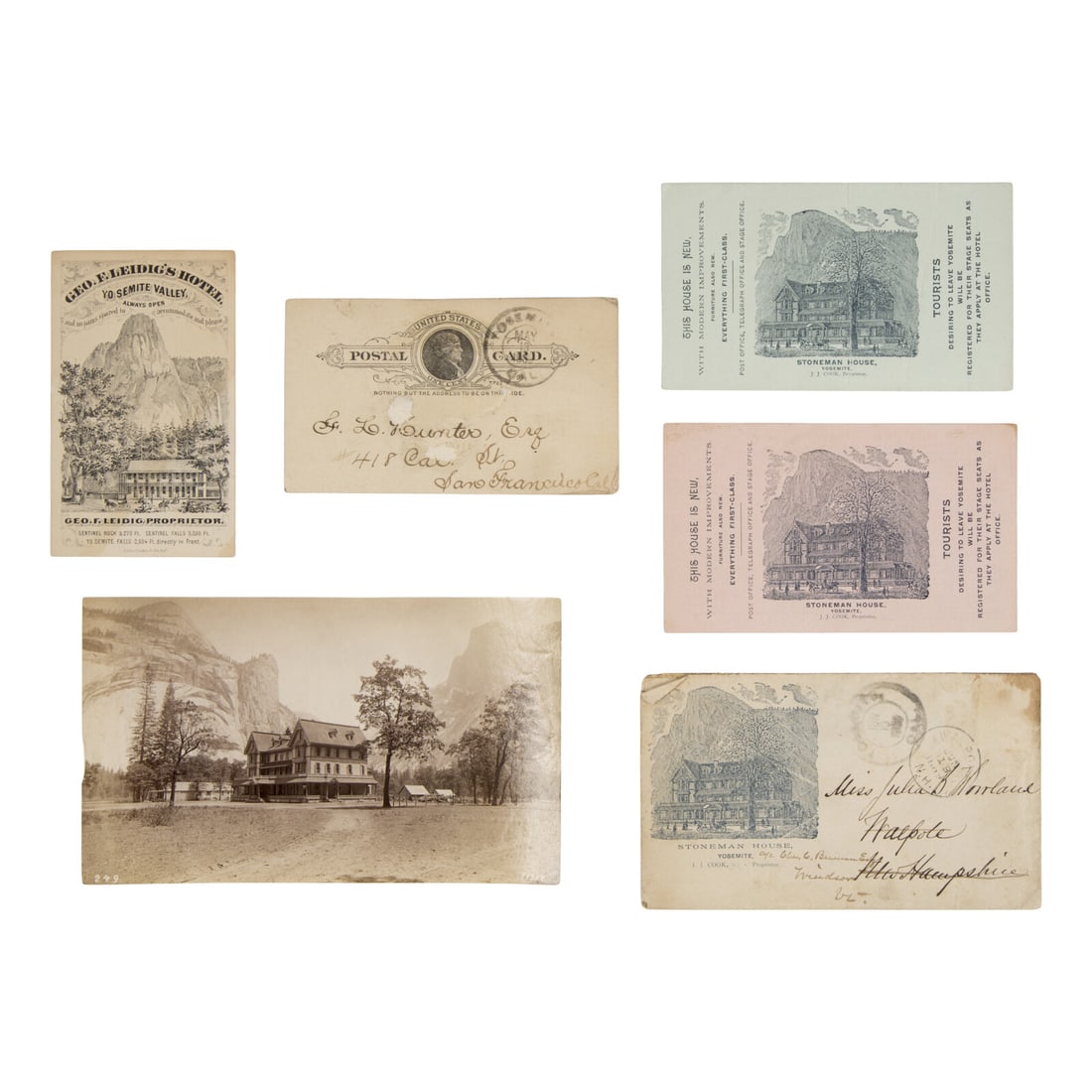 [Yosemite]. A group of 5 items related to Stoneman House, including:: [Yosemite]. A group of 5 items related to Stoneman House, including: An albumen print by George Fiske, 3 rare trade cards, one with original envelope, and a postcard sent from Yosemite and dated 12 Ma