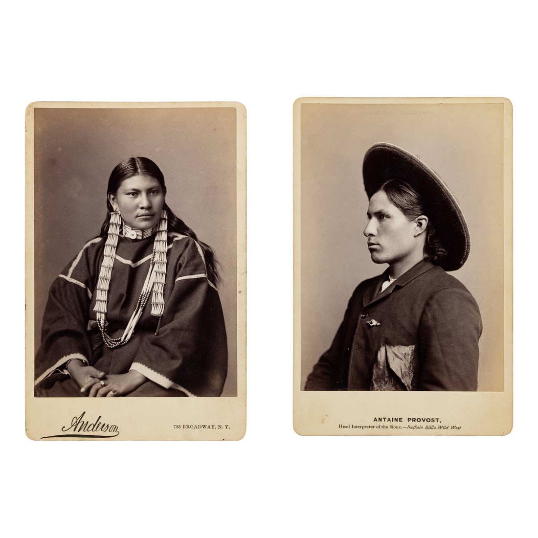 Anderson, David (1827-1905). A pair of cabinet cards of Sioux interpreter Antoine Provost and his: Anderson, David (1827-1905). A pair of cabinet cards of Sioux interpreter Antoine Provost and his wife, 1880s. 2 cabinet photographs on cardstock mounts, each with the studio imprint of Anderson, New 