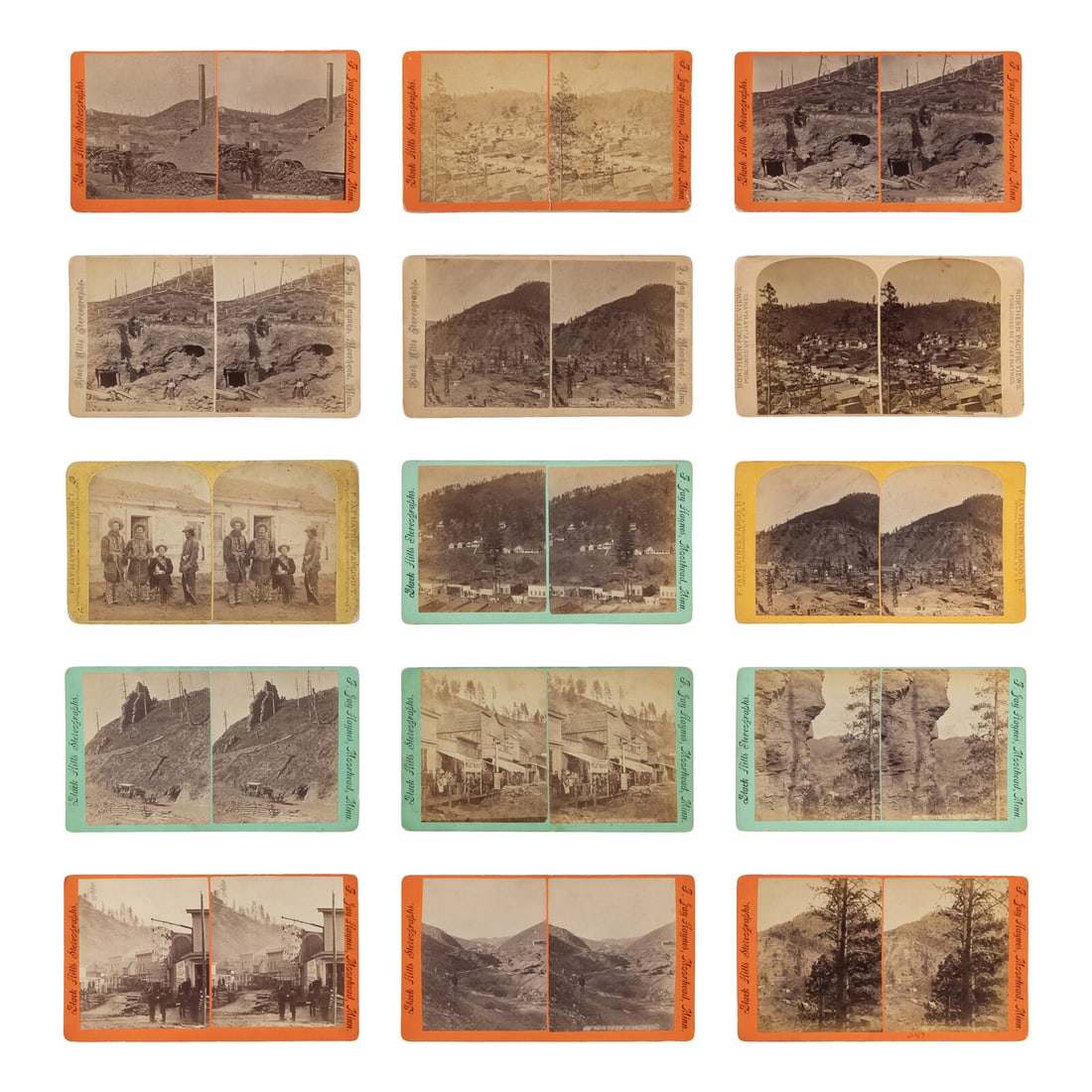 Haynes, F. Jay (1853-1921). A group of 15 stereoviews of Deadwood, Dakota Territory.: Haynes, F. Jay (1853-1921). A group of 15 stereoviews of Deadwood, Dakota Territory. 15 stereoviews on variously-sized and colored mounts, each with F. Jay Haynes' Moorhead, MN, or Fargo, DT imprint t