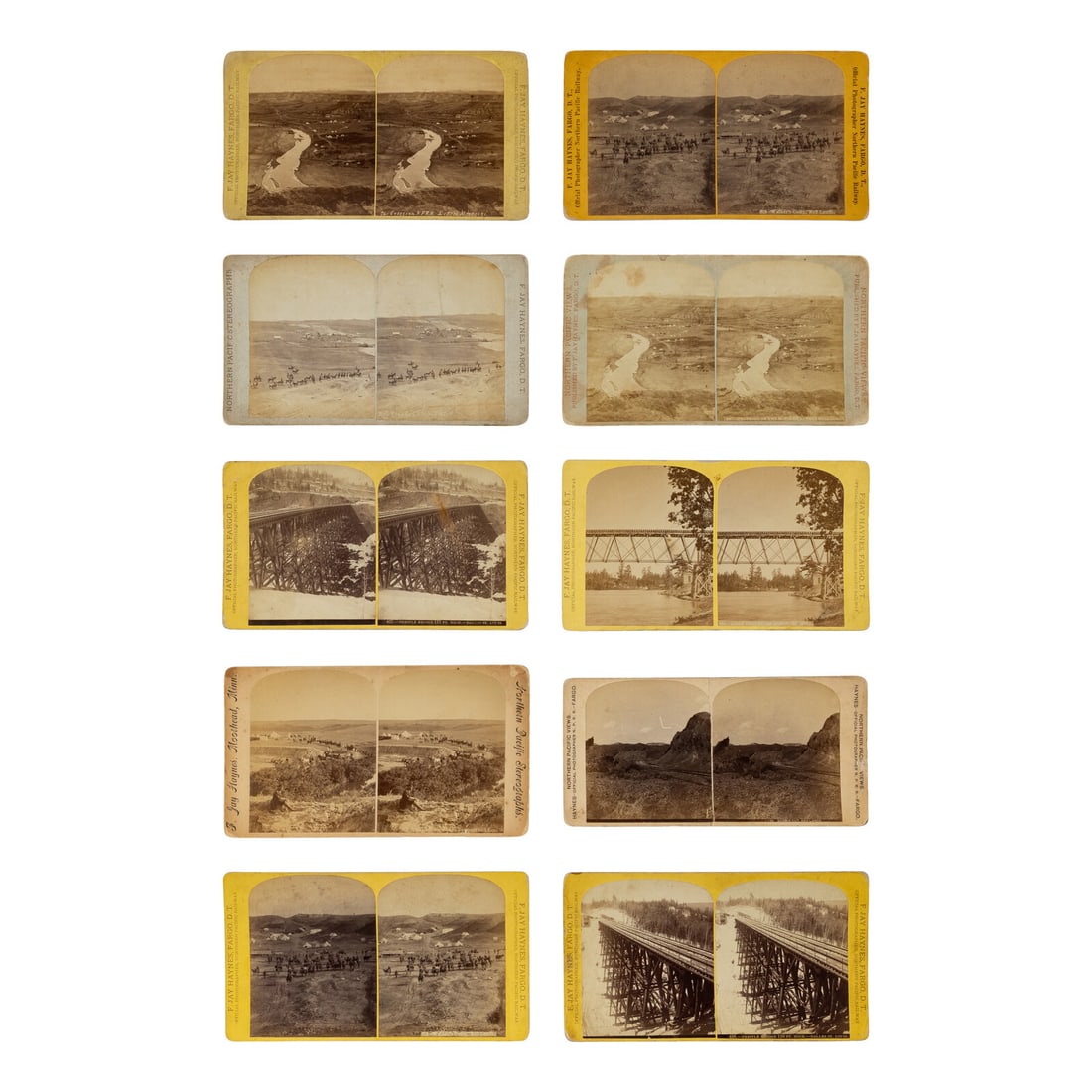 Haynes, F. Jay (1853-1921). A group of 10 stereoviews documenting Northern Pacific Railroad: Haynes, F. Jay (1853-1921). A group of 10 stereoviews documenting Northern Pacific Railroad construction. 10 stereoviews on variously-sized and colored mounts, each with F. Jay Haynes' Moorhead, MN, o