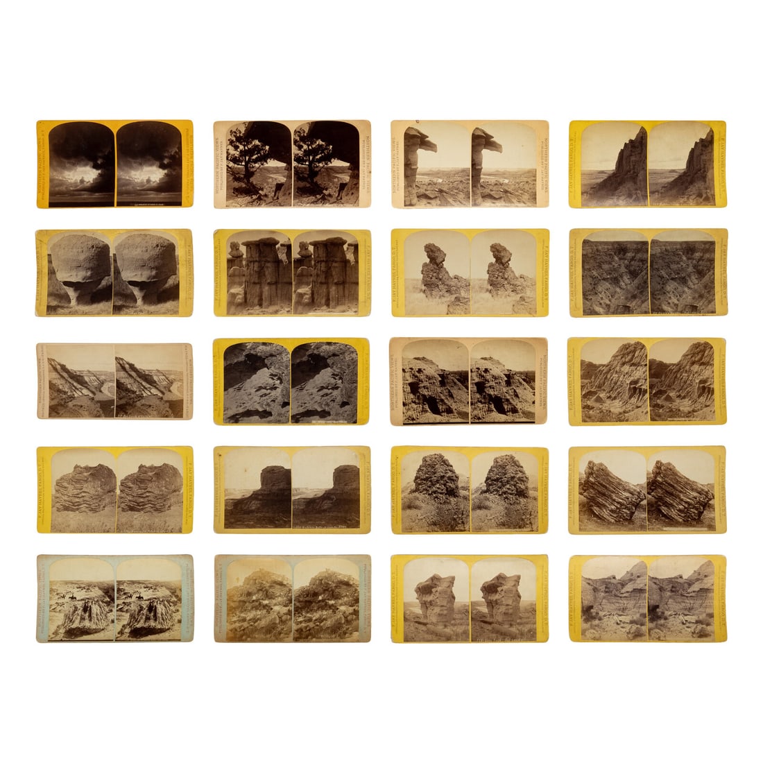 Haynes, F. Jay (1853-1921). A group of 38 stereoviews of the Badlands and Upper Missouri River.: Haynes, F. Jay (1853-1921). A group of 38 stereoviews of the Badlands and Upper Missouri River. 38 stereoviews on variously-sized and colored mounts, each with F. Jay Haynes' Fargo, DT or Moorhead, Mi